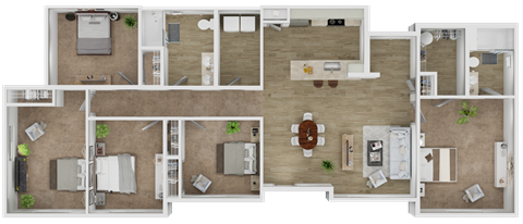 Floor plan for 5 beds, 2 baths, 1632 sqft